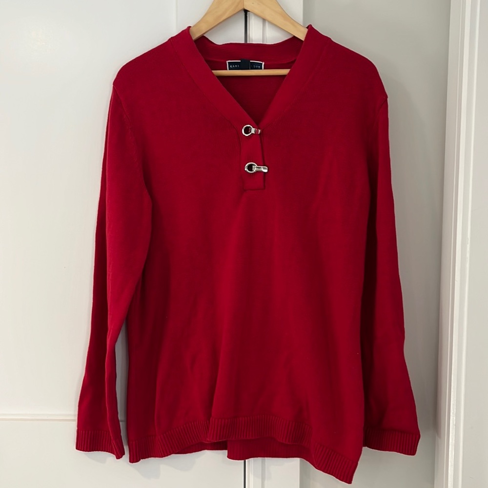 Karen Scott Women’s Red Cotton V Neck Toggle Sweater Size XL